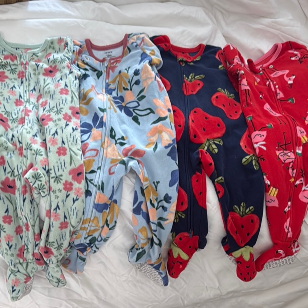 Carter's Fleece Pajama Bundle - Floral, Strawberry, Flamingo Designs, EUC, 12M